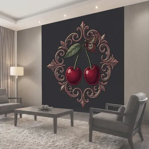 Фотообои Вишни с бабочкой и орнаментом