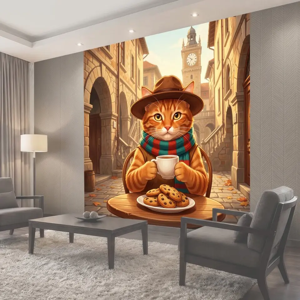 Фотообои Рыжий кот с кофе