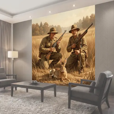 Фотообои Охотники с ружьями и кролик