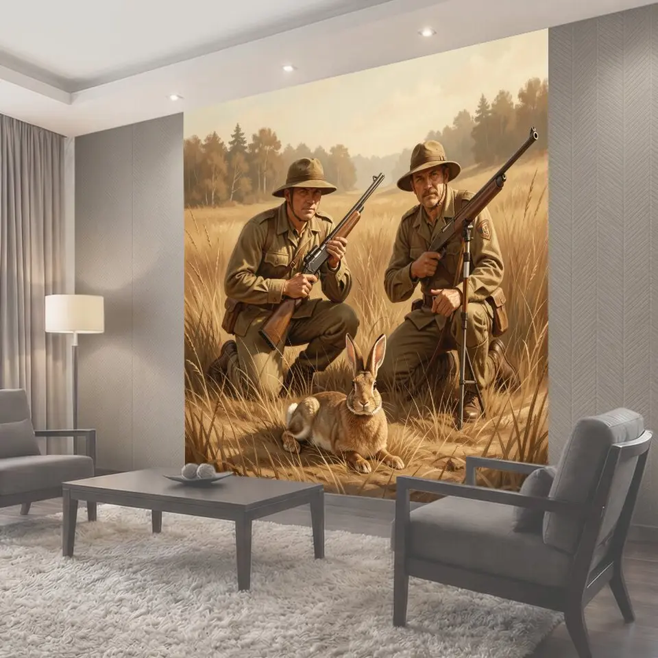 Фотообои Охотники с ружьями и кролик