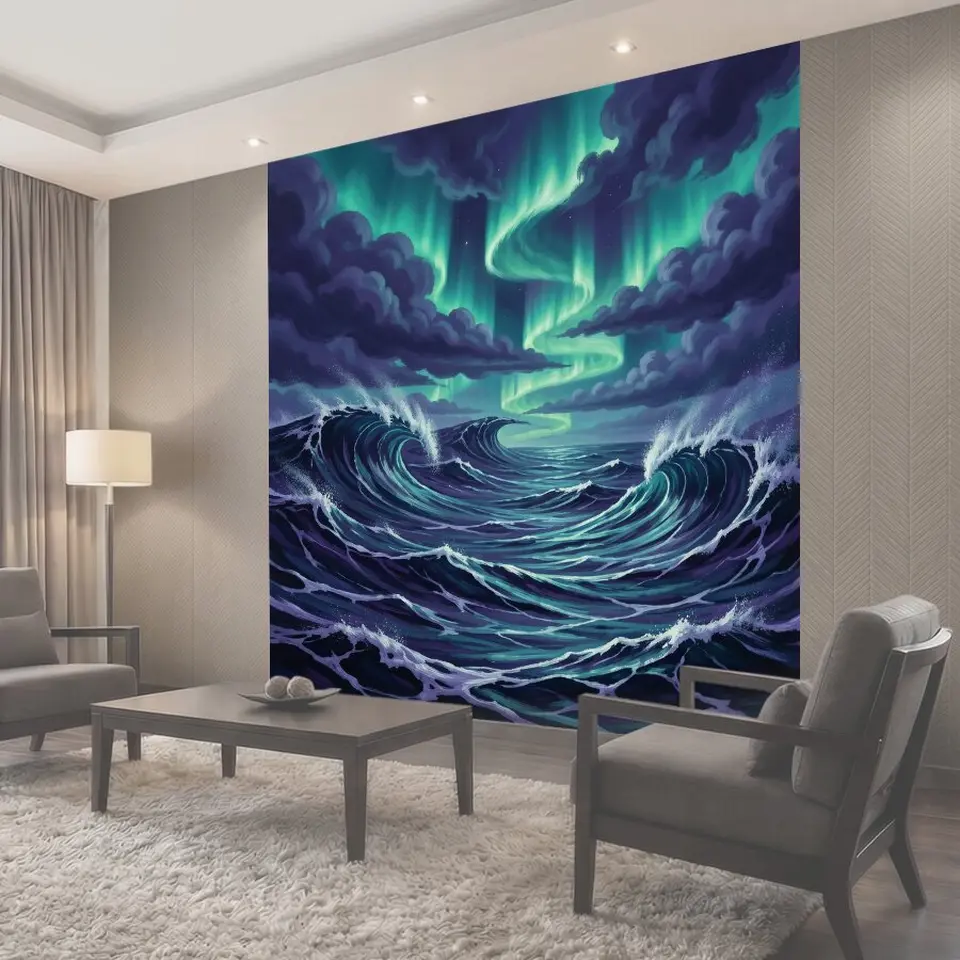 Фотообои Северное сияние над бушующим морем