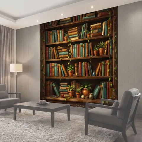 Фотообои Уютный книжный шкаф с растениями