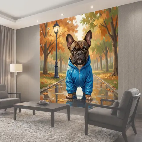 Фотообои Французский бульдог в дождливом парке