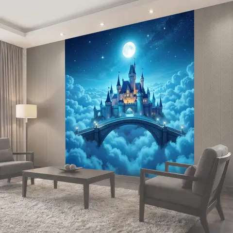 Фотообои Ночная сказочная крепость над облаками
