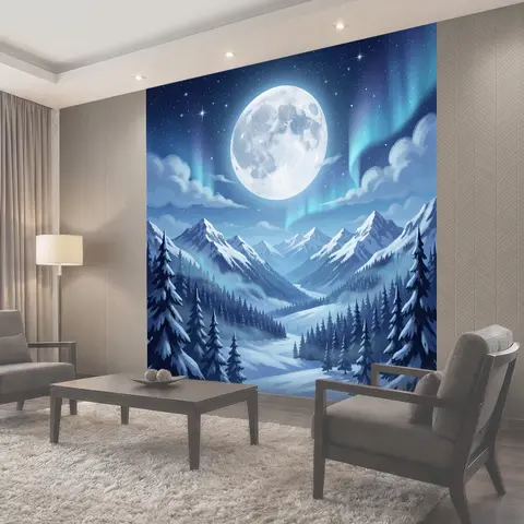 Фотообои Ночная луна над заснеженными горами