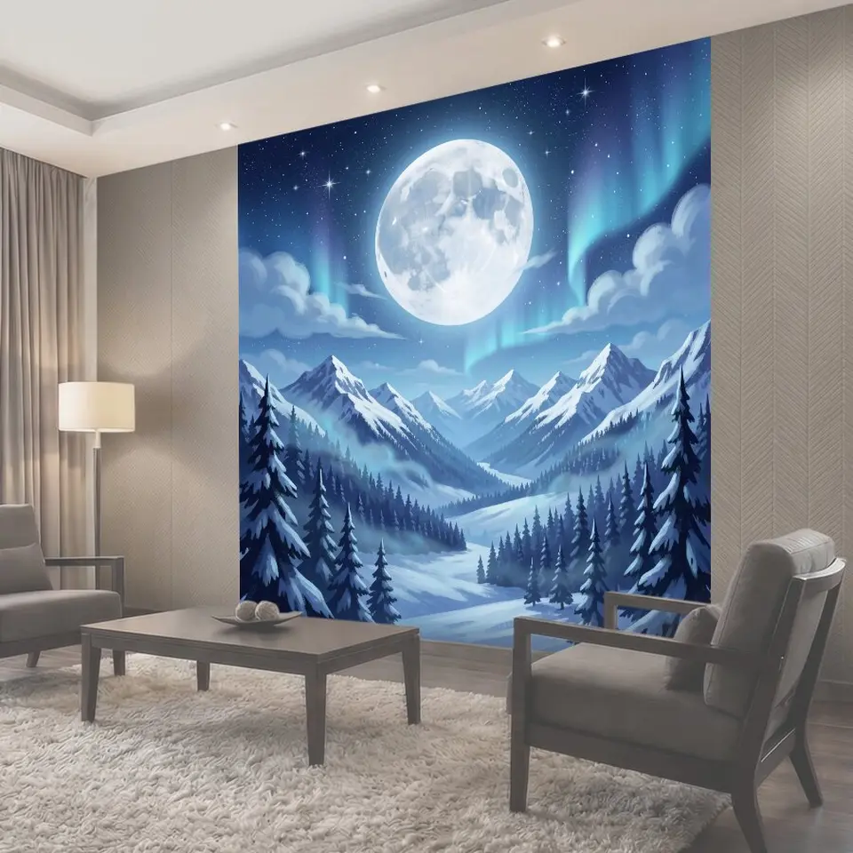 Фотообои Ночная луна над заснеженными горами