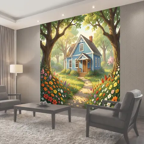 Фотообои Сказочный домик в цветущем саду