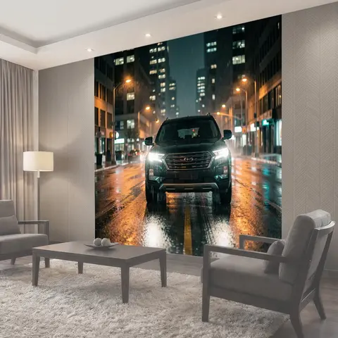 Фотообои Автомобиль на мокрой ночной улице