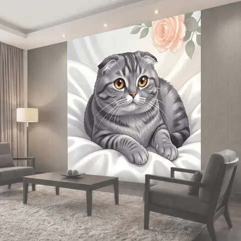 Фотообои Серый вислоухий кот с розой