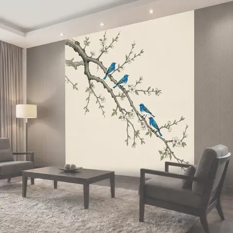 Фотообои Синие птицы на цветущей ветке