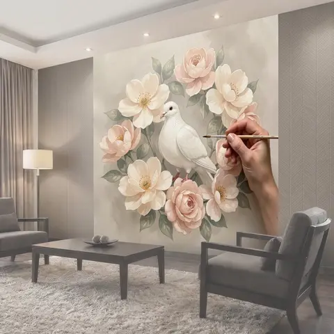 Фотообои Белая птица среди нежных цветов