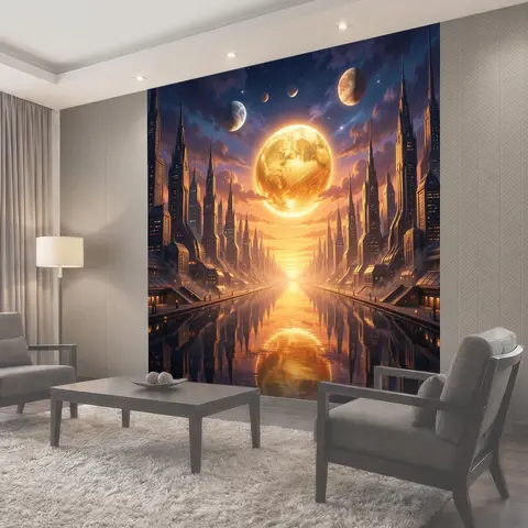 Фотообои Футуристический город и планеты