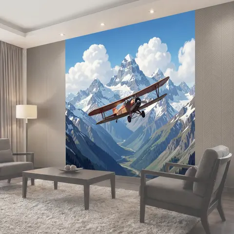 Фотообои Ретро самолет над снежными горами
