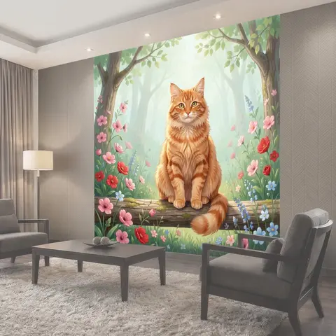 Фотообои Рыжий кот в цветущем лесу