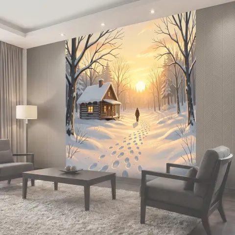 Фотообои Зимний лес с домиком и путником