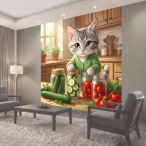 Фотообои Серый кот на кухне с овощами