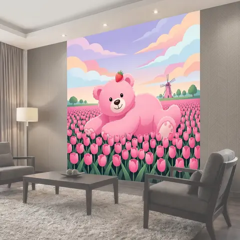 Фотообои Розовый медвежонок в тюльпанах