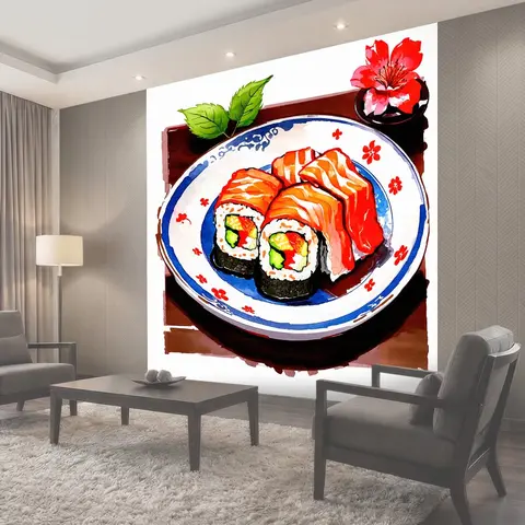 Фотообои Рисунок суши на красивом фарфоровом блюде