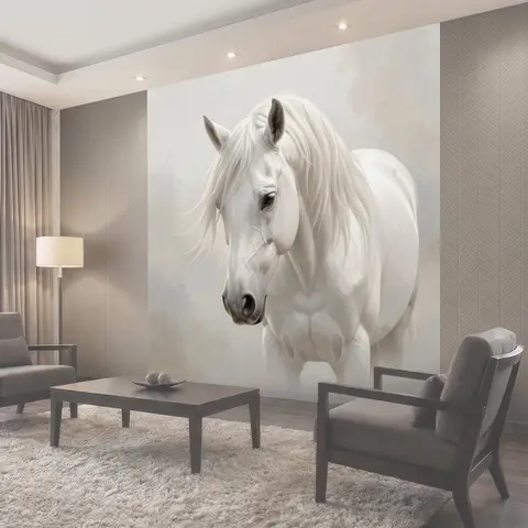 Фотообои Белая лошадь в туманной дымке