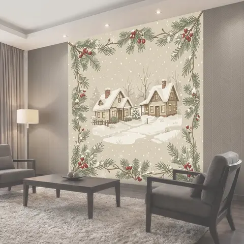 Фотообои Заснеженные домики в еловой рамке