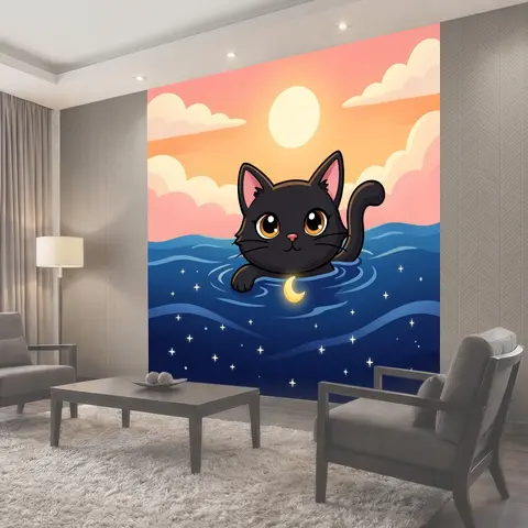 Фотообои Черный кот в море на закате