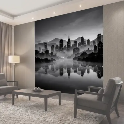 Фотообои Городской силуэт в тумане над озером