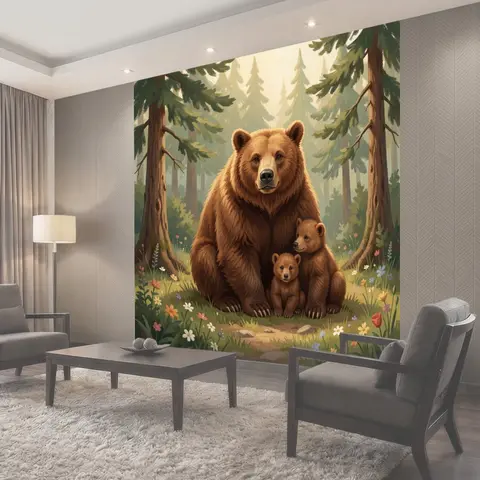 Фотообои Медведица с медвежатами в лесу