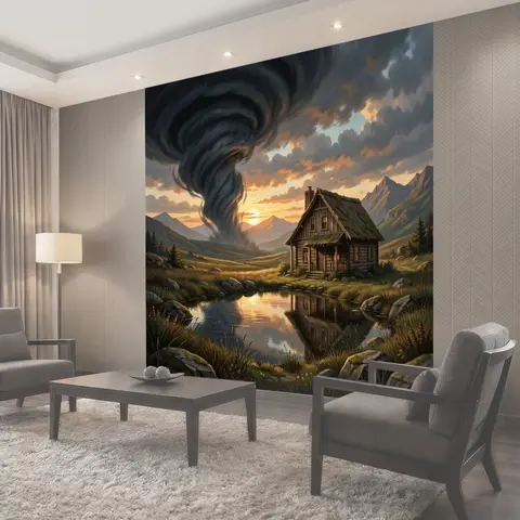 Фотообои Хижина у озера и смерч