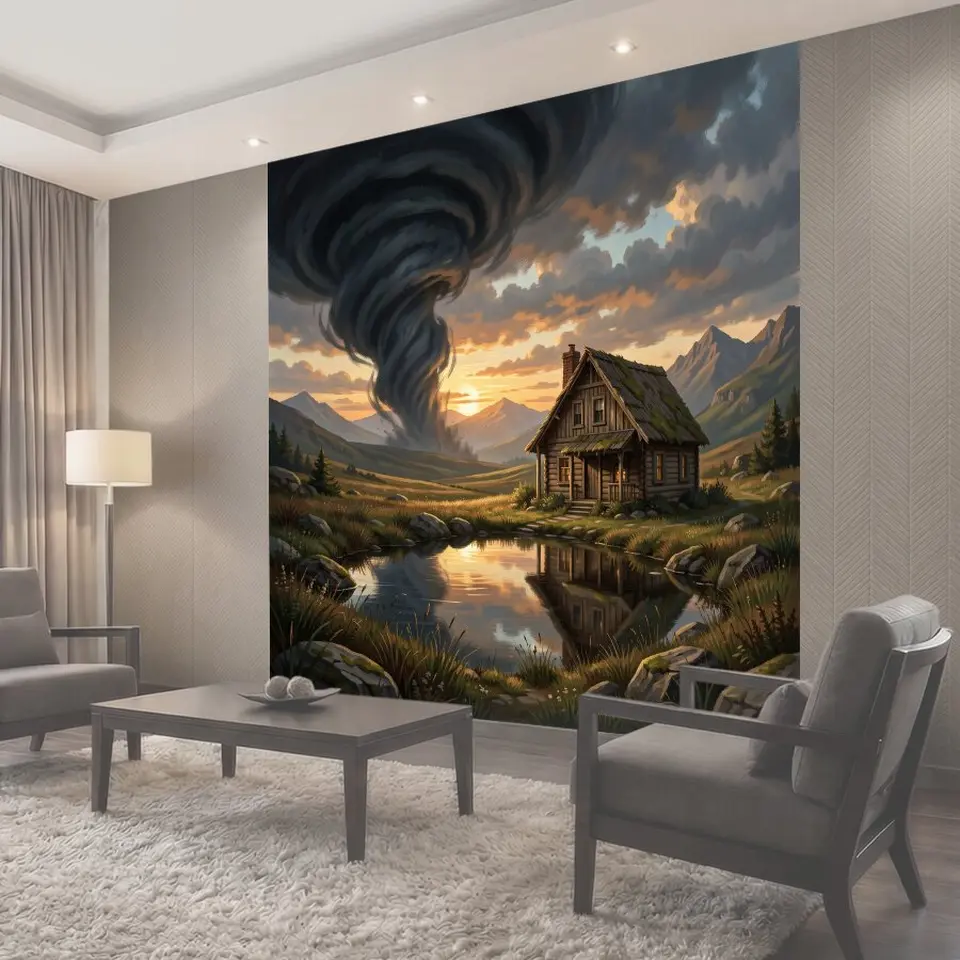 Фотообои Хижина у озера и смерч