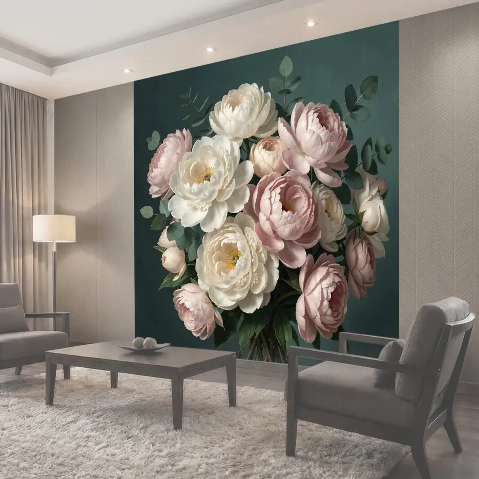 Фотообои Нежные пионы с эвкалиптом