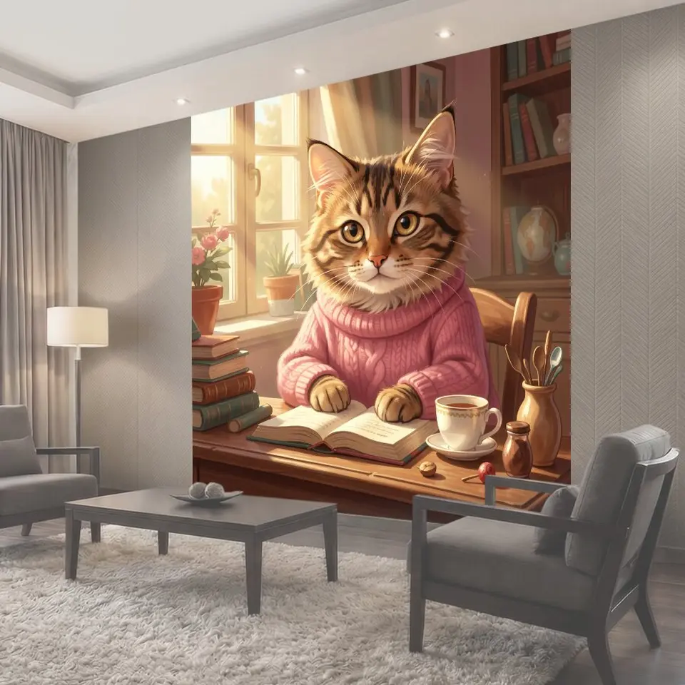 Фотообои Кот в розовом свитере за книгой