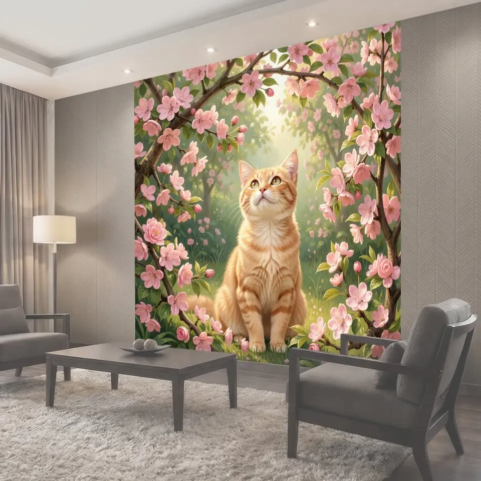 Фотообои Рыжий кот среди цветущих ветвей