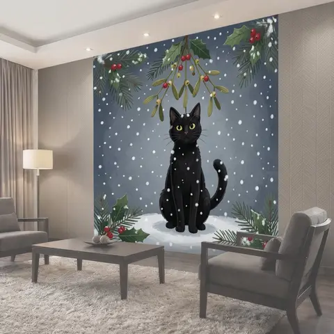 Фотообои Черный кот под снежными ветками