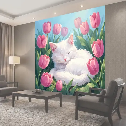 Фотообои Спящий белый кот среди тюльпанов