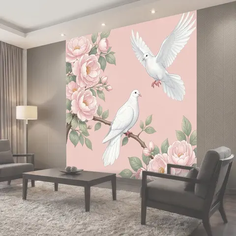 Фотообои Белые голуби и розовые пионы