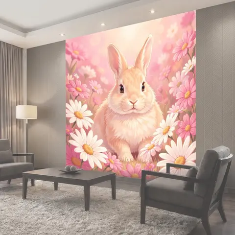 Фотообои Кролик среди розовых ромашек