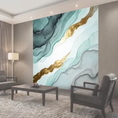 Фотообои Абстрактные бирюзовые волны с золотом