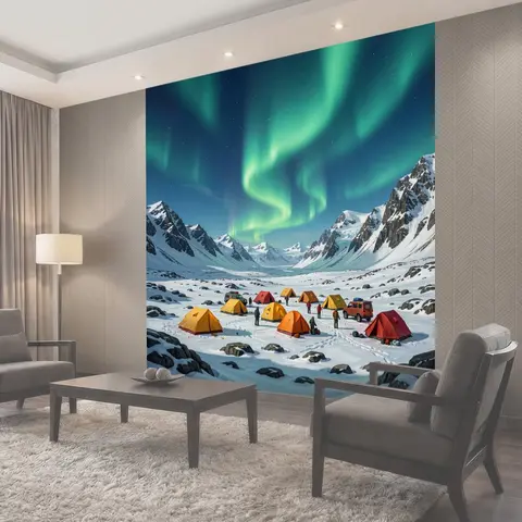 Фотообои Северное сияние над ледяными горами