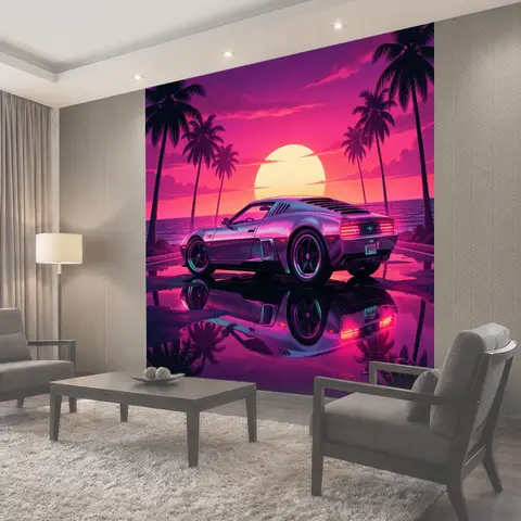 Фотообои Спортивный автомобиль на закате у моря