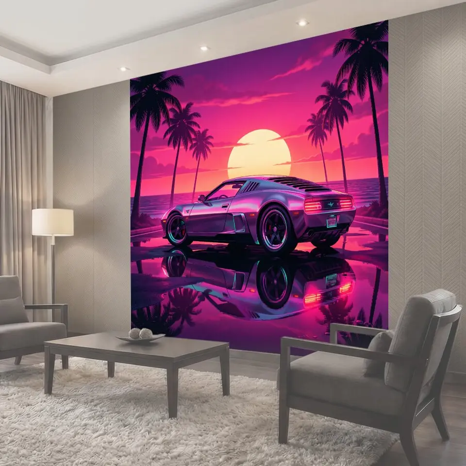 Фотообои Спортивный автомобиль на закате у моря