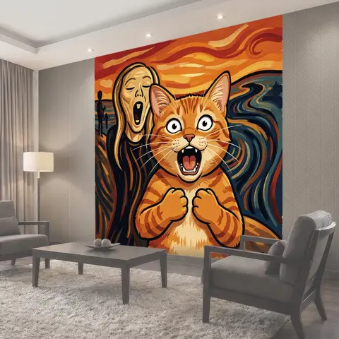Фотообои Удивленный кот и кричащий силуэт