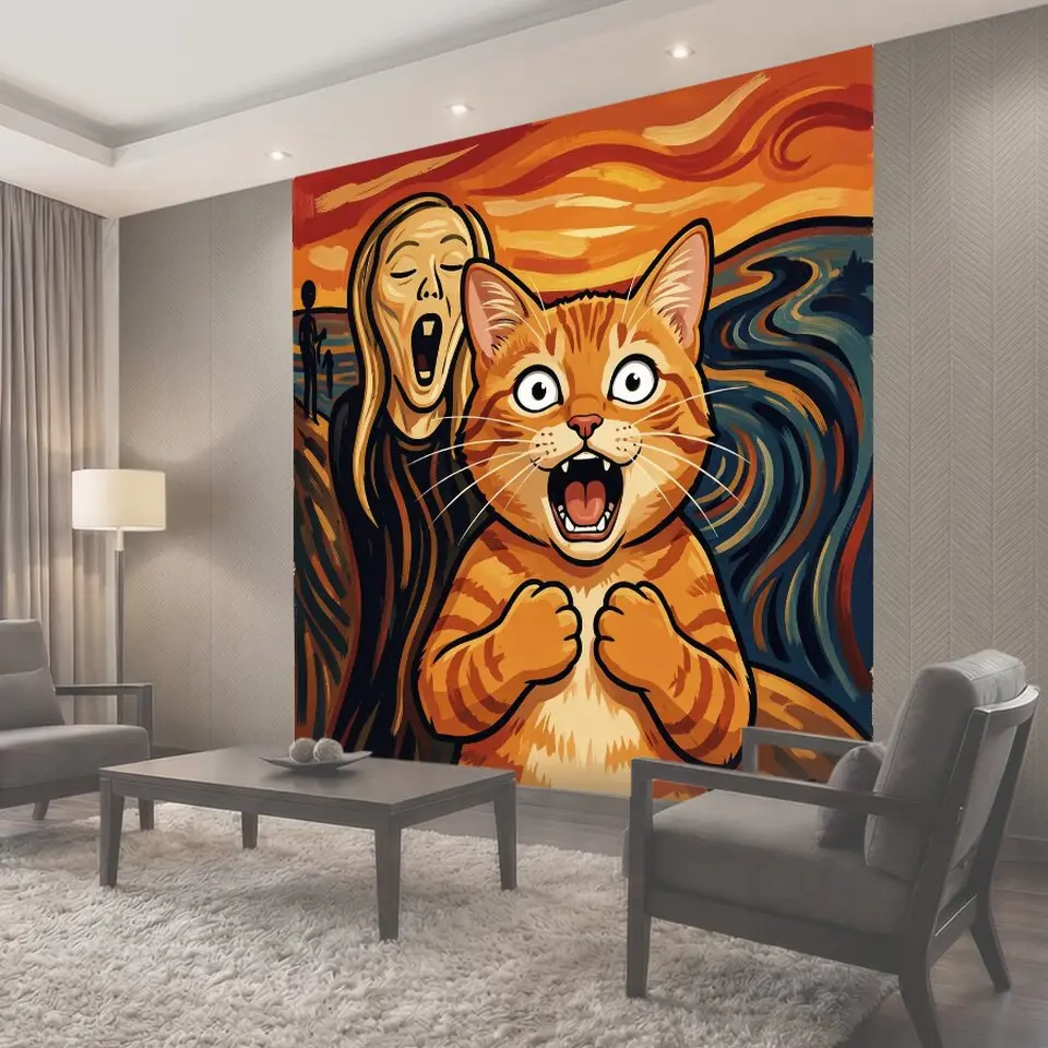 Фотообои Удивленный кот и кричащий силуэт