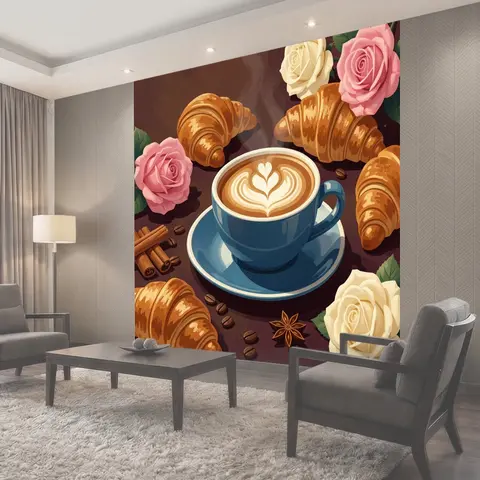 Фотообои Кофе и круассаны с розами