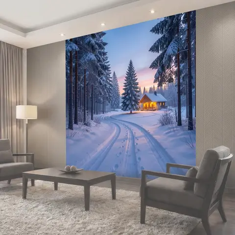 Фотообои Зимний лесной домик на закате