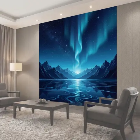 Фотообои Северное сияние над горным озером