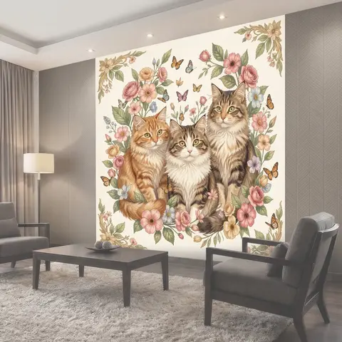 Фотообои Три пушистых кота среди цветов