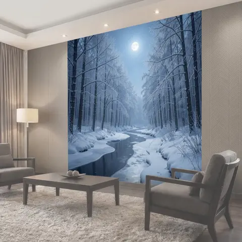 Фотообои Заснеженный лесной ручей ночью
