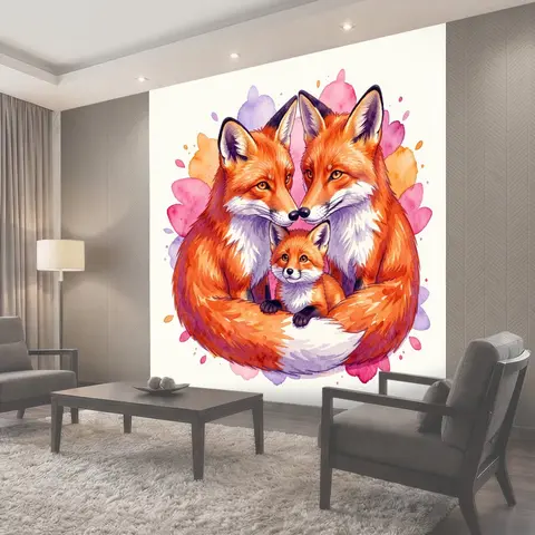 Фотообои Лисица с лисятами в акварели