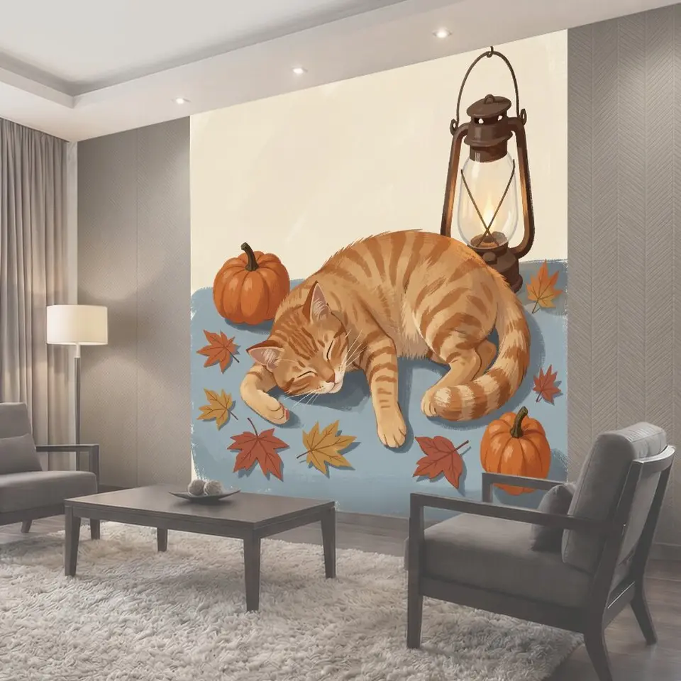 Фотообои Спящий рыжий кот с тыквами