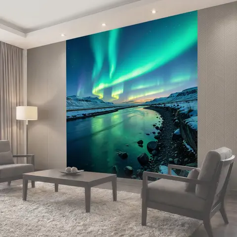 Фотообои Северное сияние над зимней рекой